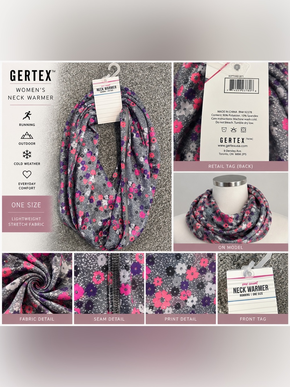 Gertex Women’s Floral Neck Warmer One Size Gray Pink Purple Running NWT